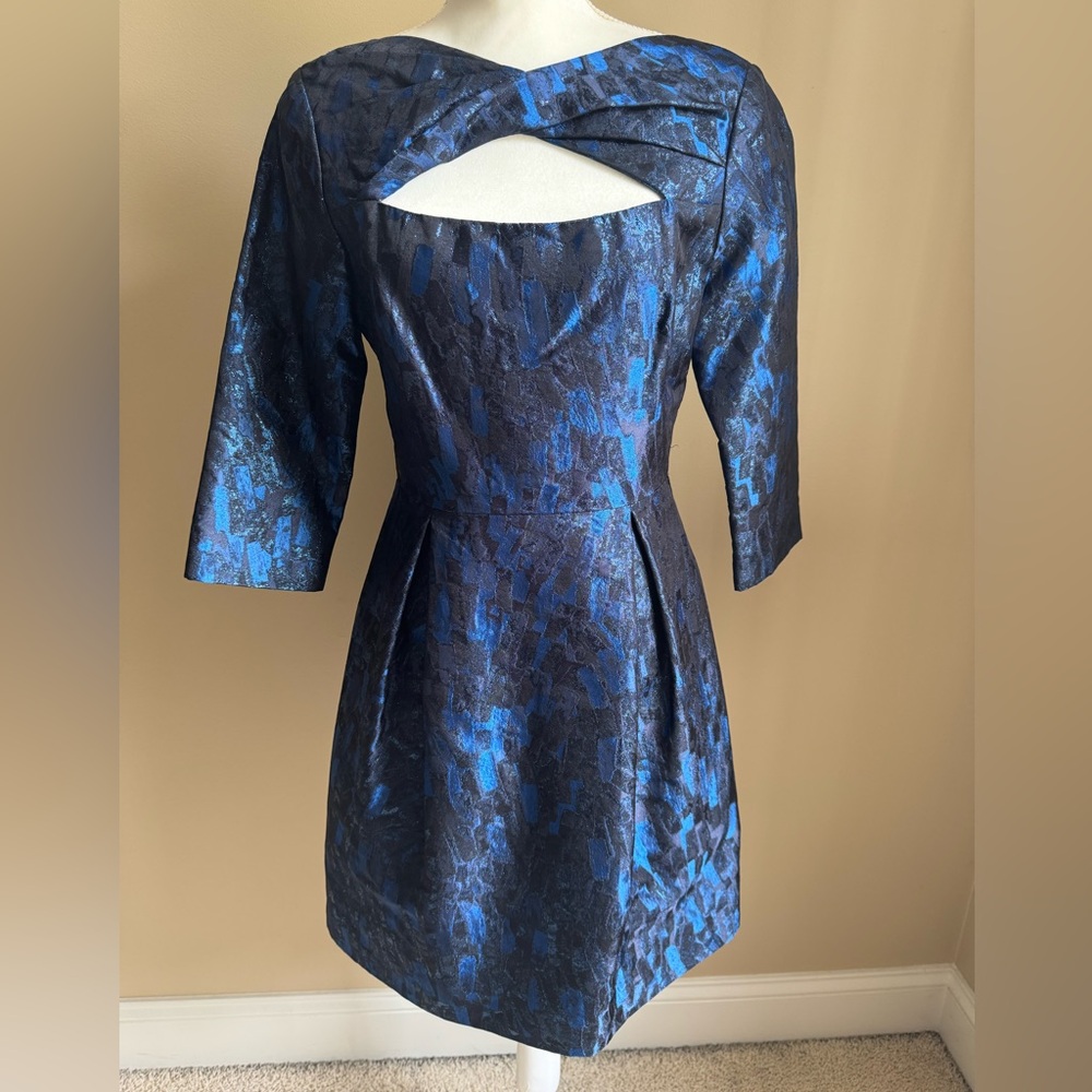 Lela Rose Silk Blend Metallic Blue & Black Cocktail Dress